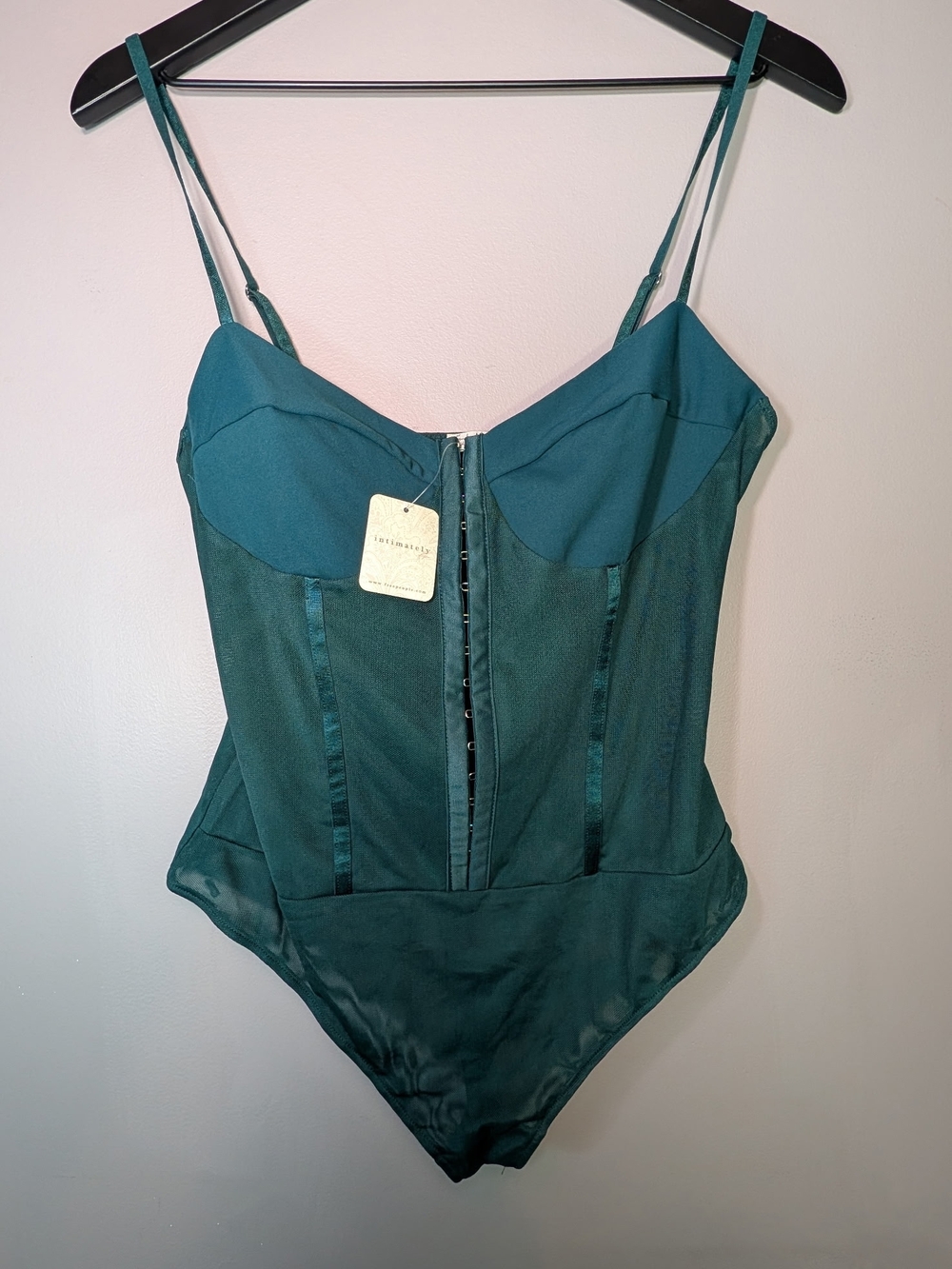 Free People Deep Teal Sheer Corset Bodysuit with Front Hook Closure